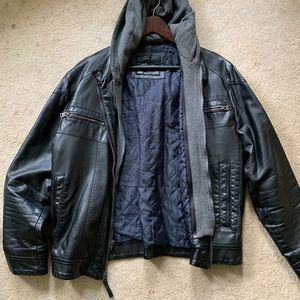 Calvin Klein faux leather bomber jacket with zip-off hoodie insert medium